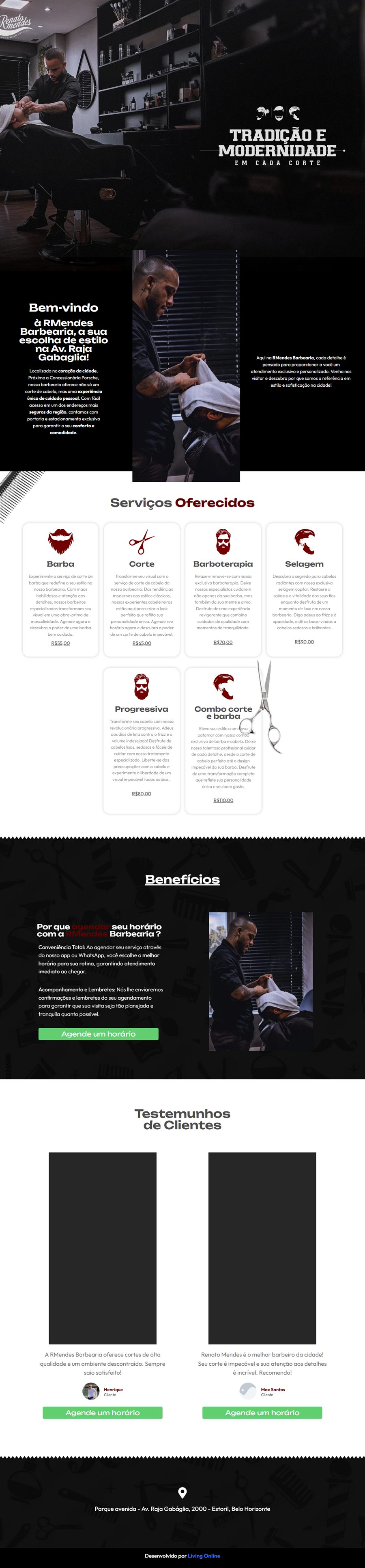 Página inicial do site R Mendes Barbearia