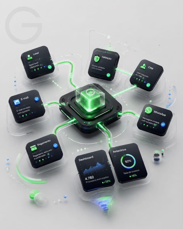 Fluxo de automação conectando lead, CRM, e-mail, WhatsApp e relatórios