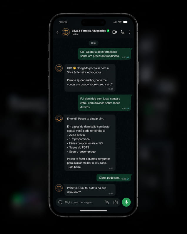 Agente de IA atendendo no WhatsApp de um escritório de advocacia
